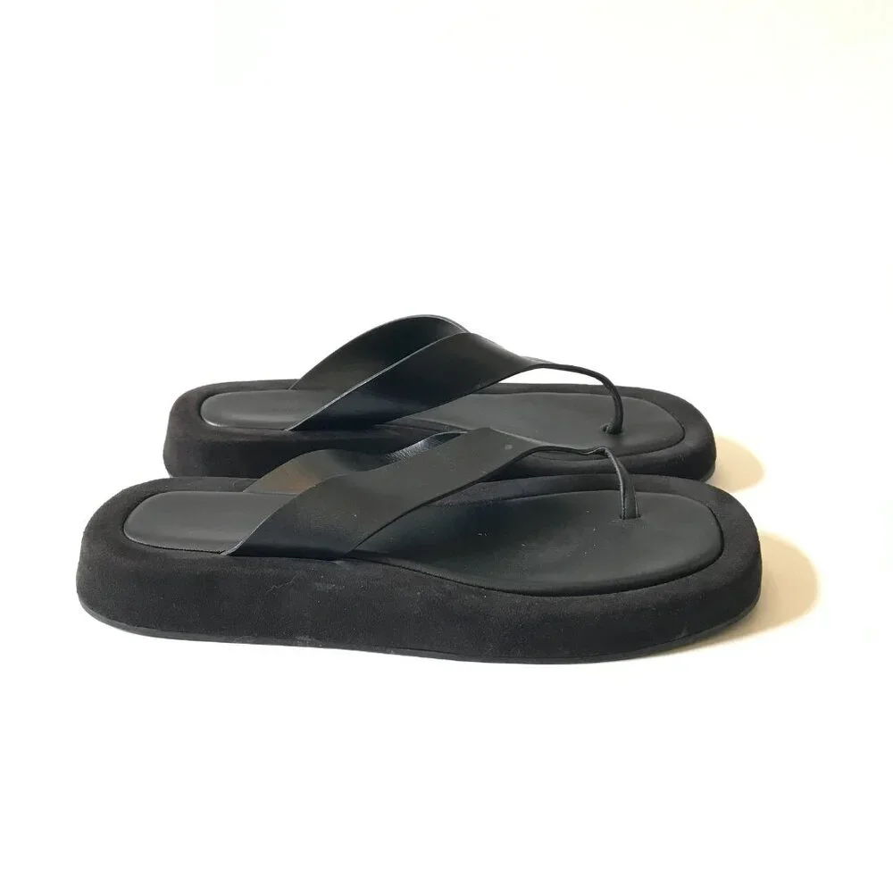 The ROW Ginza Leather Platform Sandals Flip Flops Womens 41.5 11.5 Black Suede - Picture 3 of 14
